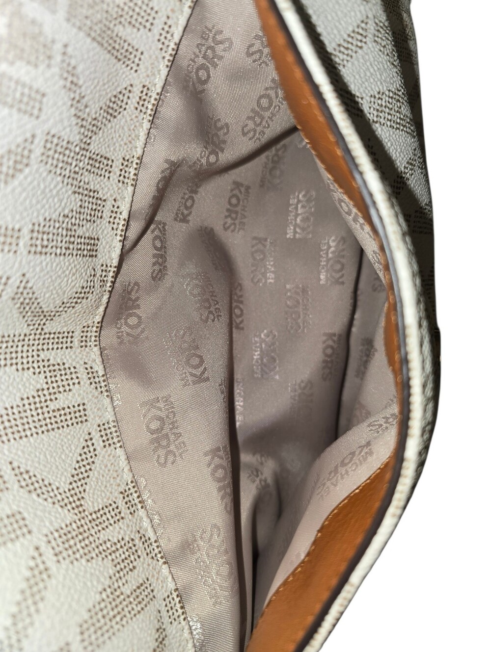 Michael Kors Tan Leather and Cream MK Logo Satchel with Gold Accents - Picture 8 of 10
